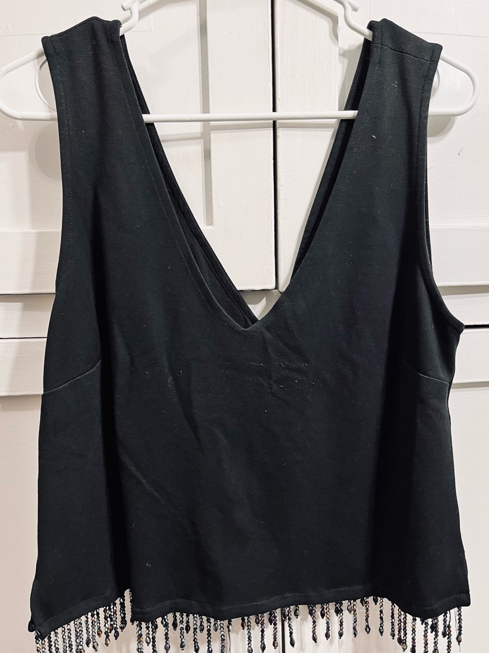 W5 Black V-Neck Beaded Fringe Crop Tank